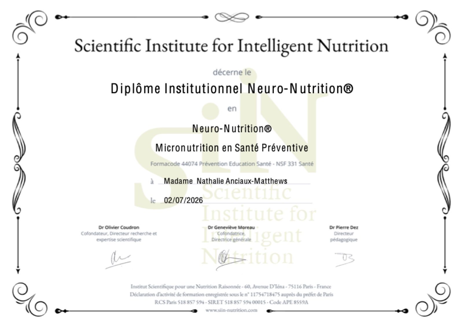 Diplôme Institutionnel Neuro-Nutrition® décerné à Nathalie Anciaux-Matthews par l'Institut SIIN